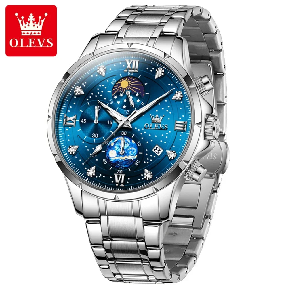 OLEVS Luxury Luminous Starry Sky Dial Men's Watches Moon Phase Waterproof Original Quartz Watch for Male Wristwatch Chronograph