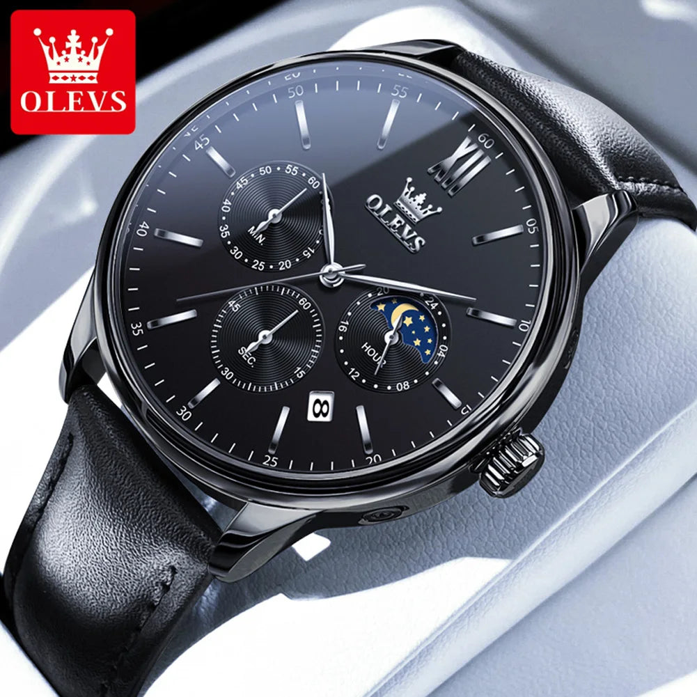 Olevs Herren uhren klassische drei kleine Ziffer blätter Multifunktions-Chronograph enuhr für Mann wasserdichtes Leder armband Mondphase Datum