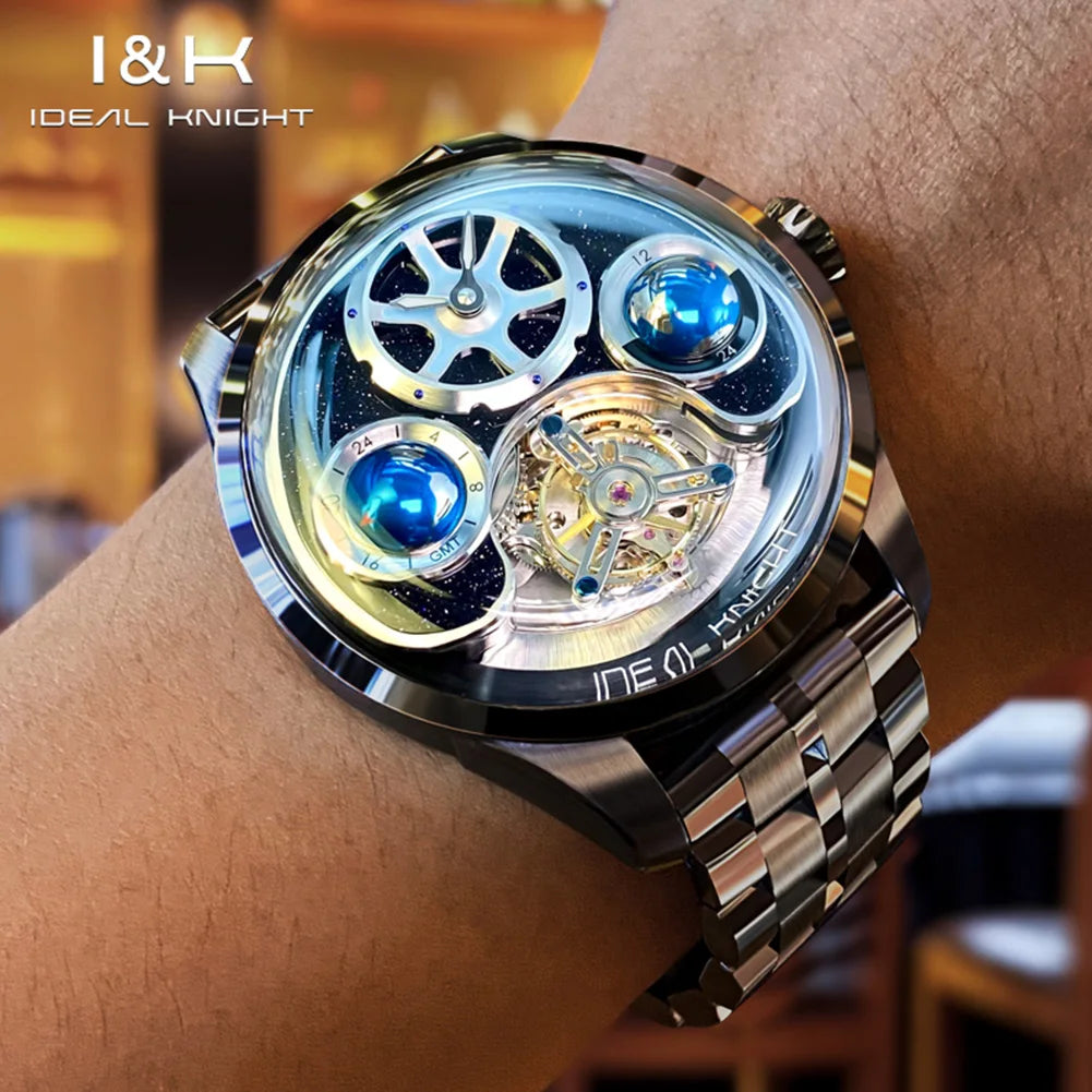 Ideale Ritter 6808 Tourbillon Uhren für Männer Blue Earth Serie High-End-Luxusmarke Skelett automatische mechanische Armbanduhren