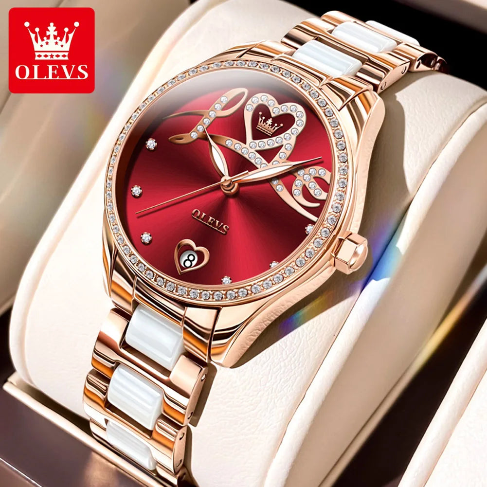 Olevs 6686 Liebe Zifferblatt Luxus mechanische Uhr für Frauen Keramik Stahl armband wasserdichte Armbanduhr Diamant Auto Datum Frau Uhren