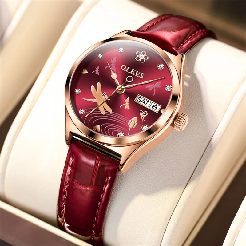 Olevs Luxus Damenmode rote Uhren Qualitäten mechanische Uhr Damen Leder Armbanduhren elegante montre femme