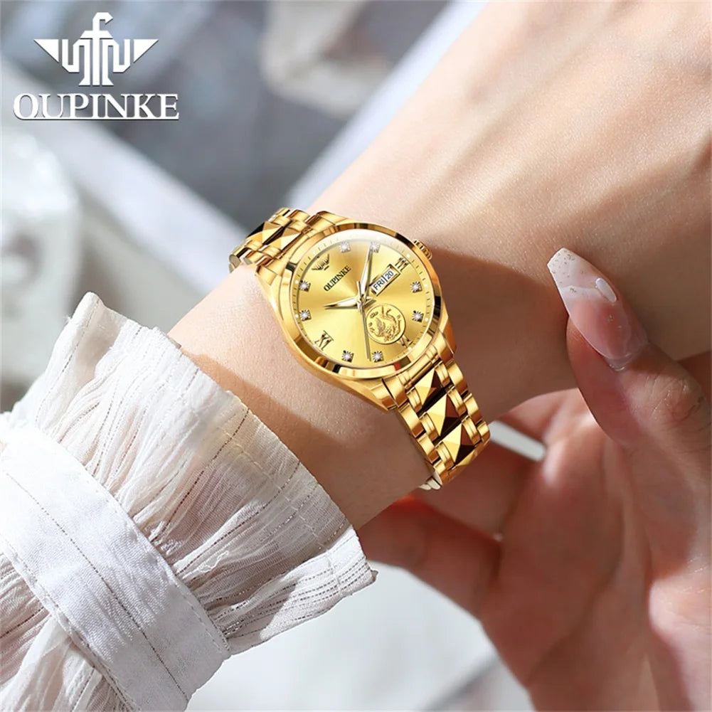 Oupinke 3259 echte Gold automatische mechanische Uhr für Frauen Damen Handuhr Original Luxus Wolfram Stahl armband Uhr Frauen