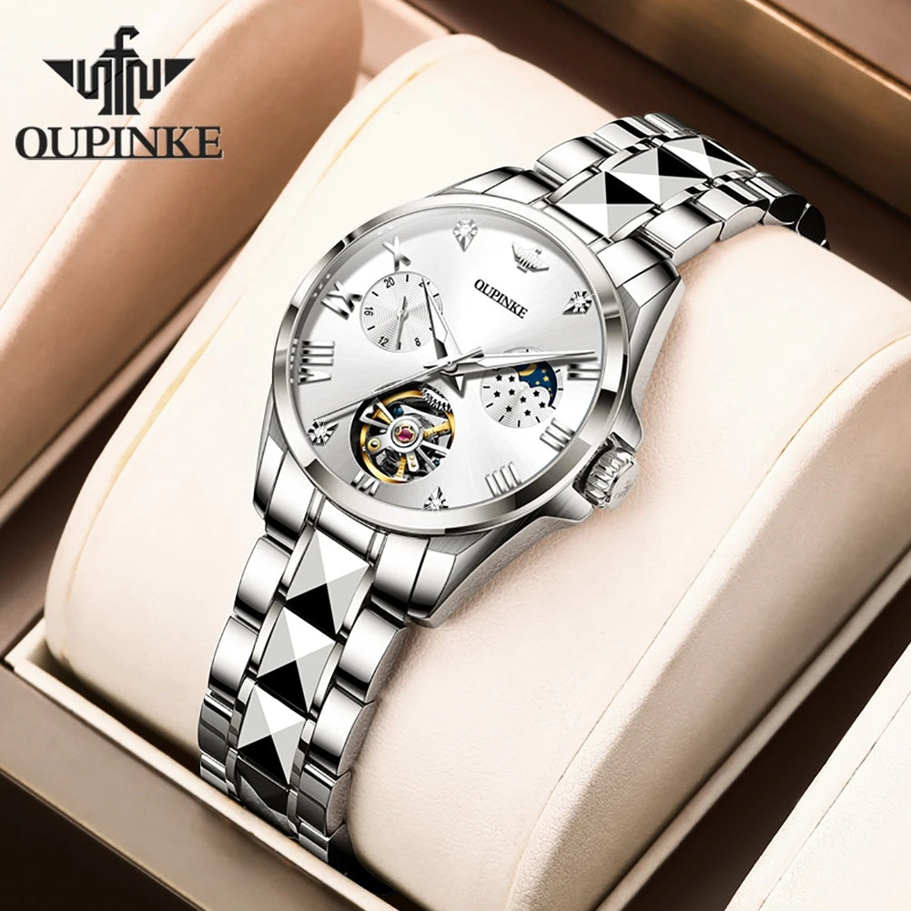 OUPINKE 3202 Hollow Women's Watch Swiss Luxury Brand Automatic Mechanical Watch Waterproof Moonphase Chronograph Women's Watch