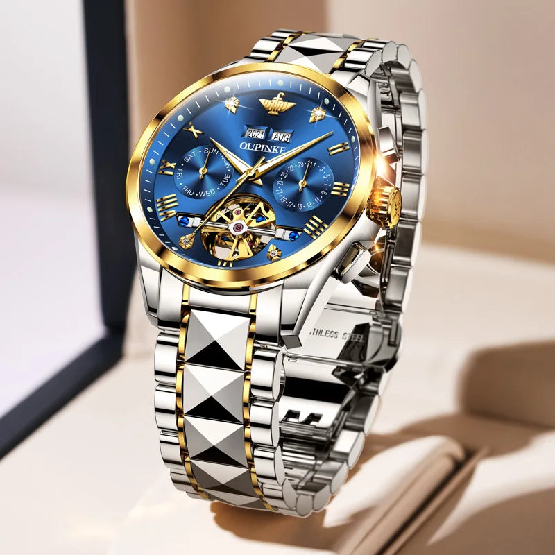 OUPINKE Top Marke männer Uhren Luxus Sapphire Automatische Mechanische Uhr für Mann Wolfram Stahl Tourbillon Wristwath Kalender