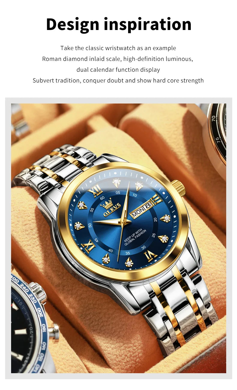 Olevs Herren uhren Mode Gold Original Quarzuhr für Mann Edelstahl wasserdicht leuchtende Armbanduhr Datum Woche römisch