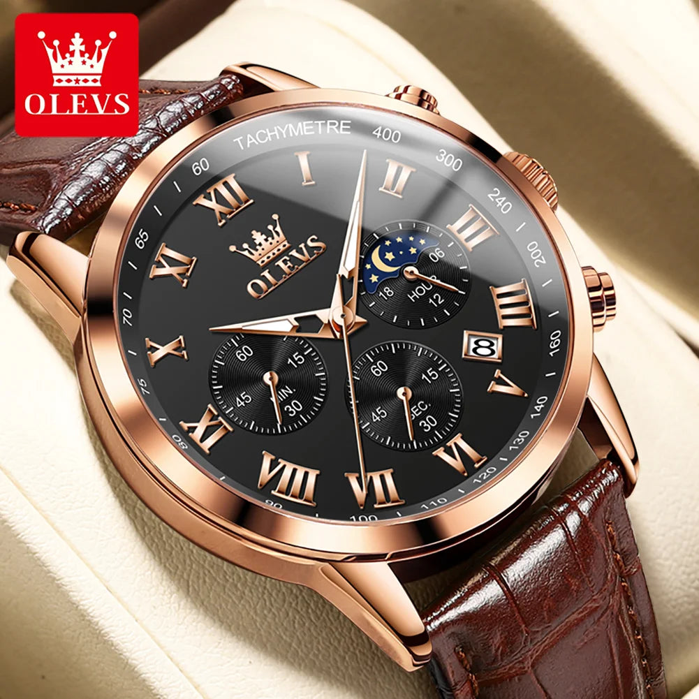 OLEVS herren Uhren Braun Leder Klassische Analog Quarz Uhr für Mann 3ATM Wasserdichte Armbanduhr Multifunktions Chronograph