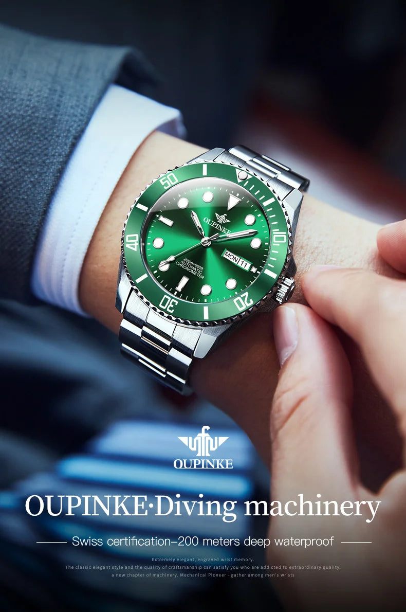 OUPINKE 3205 Diving Series Men Fully Automatic Movement Watch Classic Green Water Ghost Double Calendar Top Men Mechanical Watch