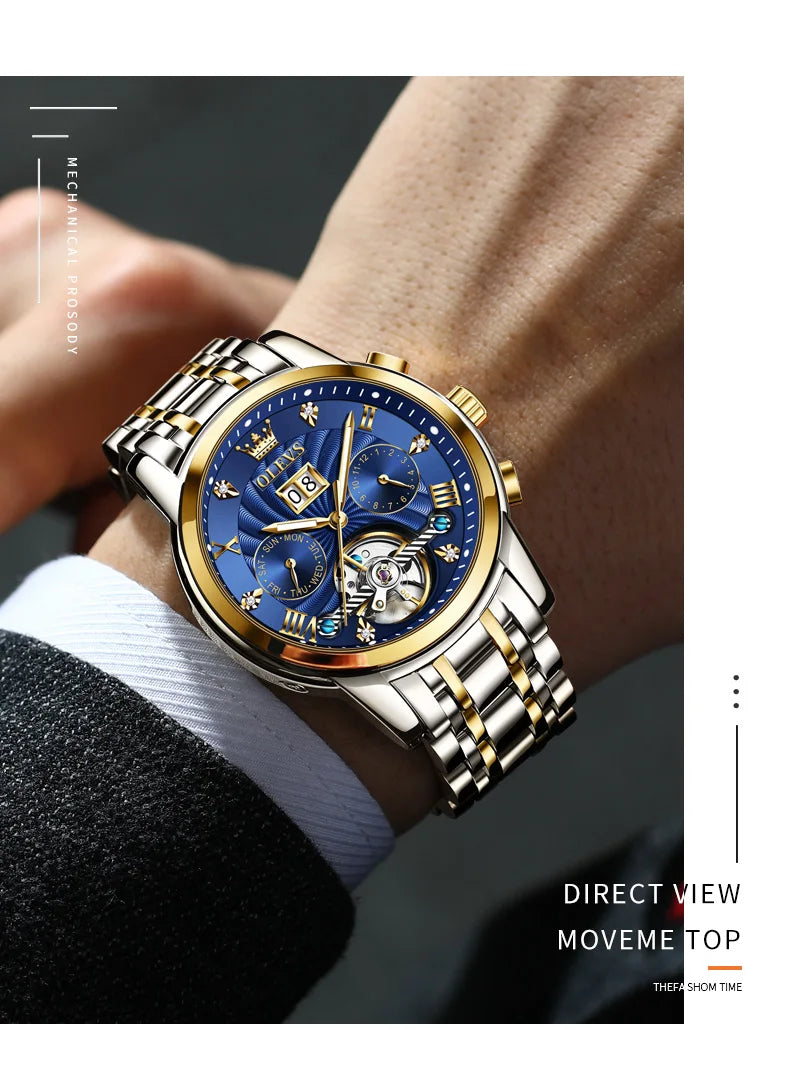 Olevs 9910 automatische mechanische Uhr für Männer Luxus Skelett Herren Armbanduhren Edelstahl wasserdichte Original Herren uhr