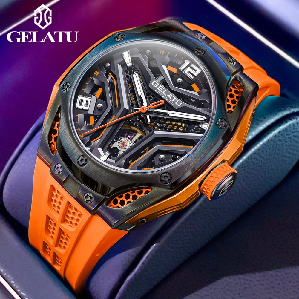 Gelatu aushöhlen Herren voll automatische mechanische Uhr Silikon armband Luxusmarke Uhr trend ige Sport Typ Herren uhr