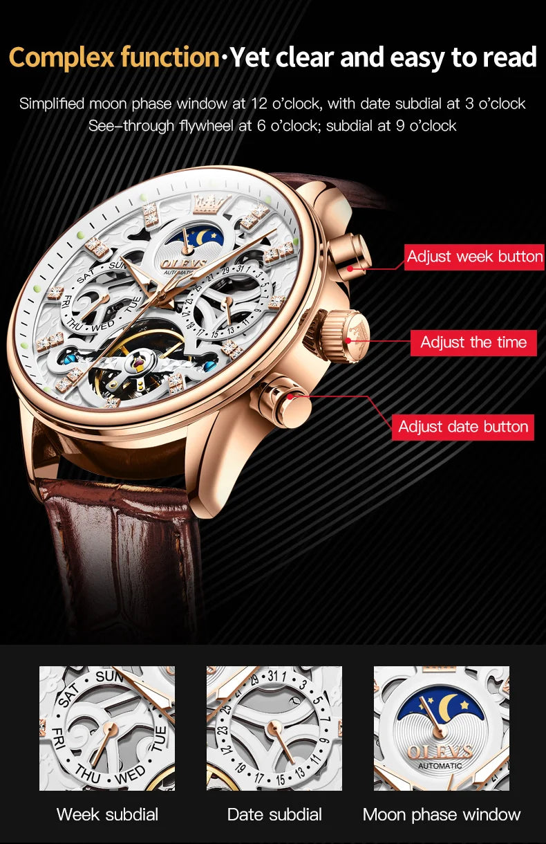 OLEVS Top Marke männer Uhren Mode Skeleton Tourbillon Automatische Mechanische Armbanduhr für Männer Wasserdicht Lederband Neue