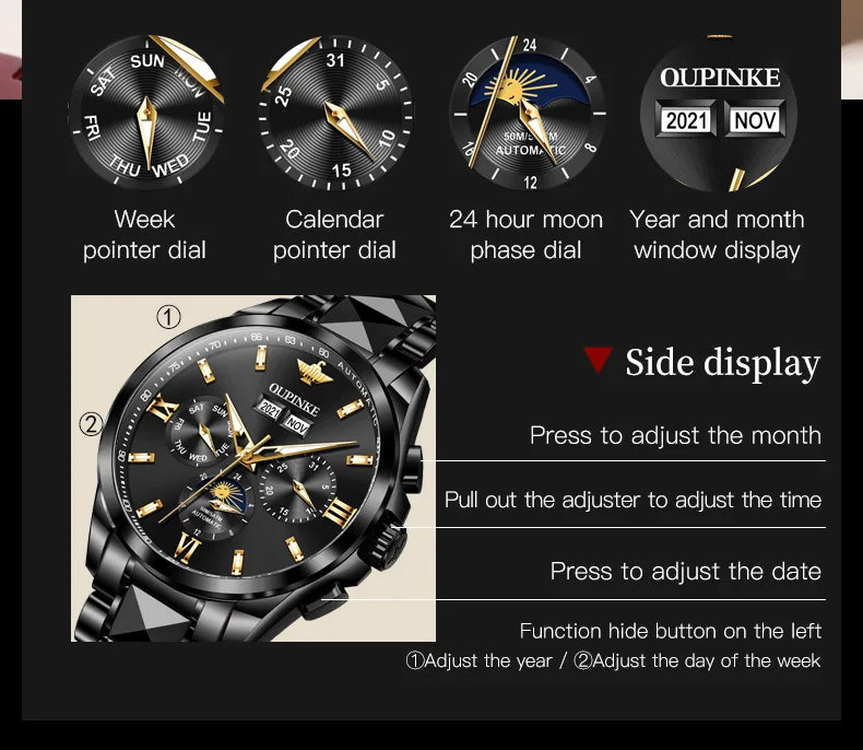 Oupinke Mondphase mechanische Uhr für Männer Luxus Top Marke Saphir Spiegel wasserdichte elegante Herren automatische Armbanduhr