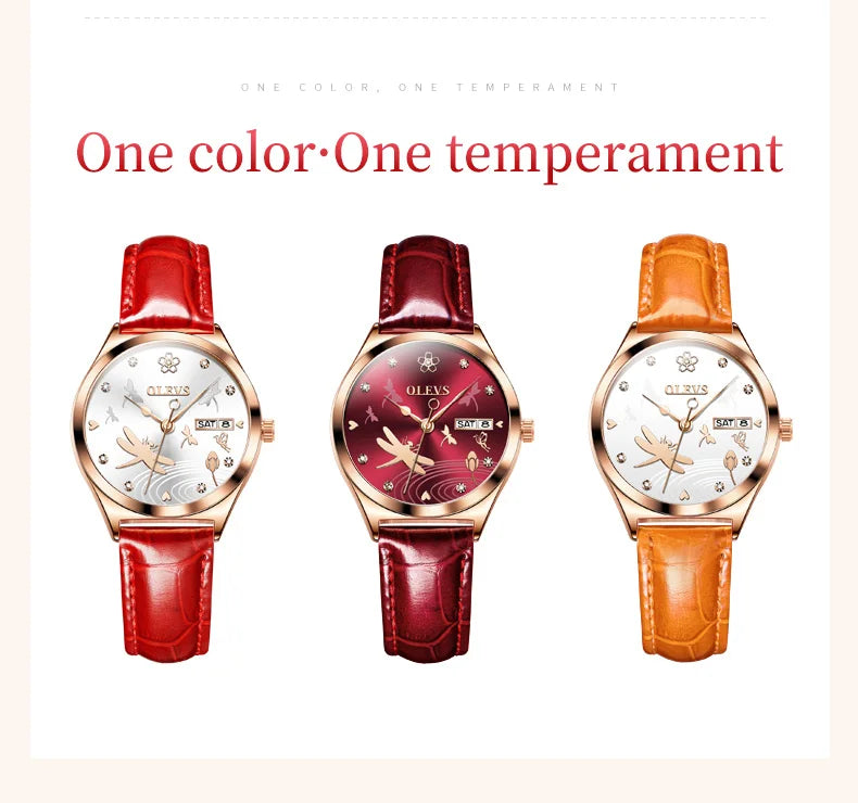 Olevs Luxus Damenmode rote Uhren Qualitäten mechanische Uhr Damen Leder Armbanduhren elegante montre femme