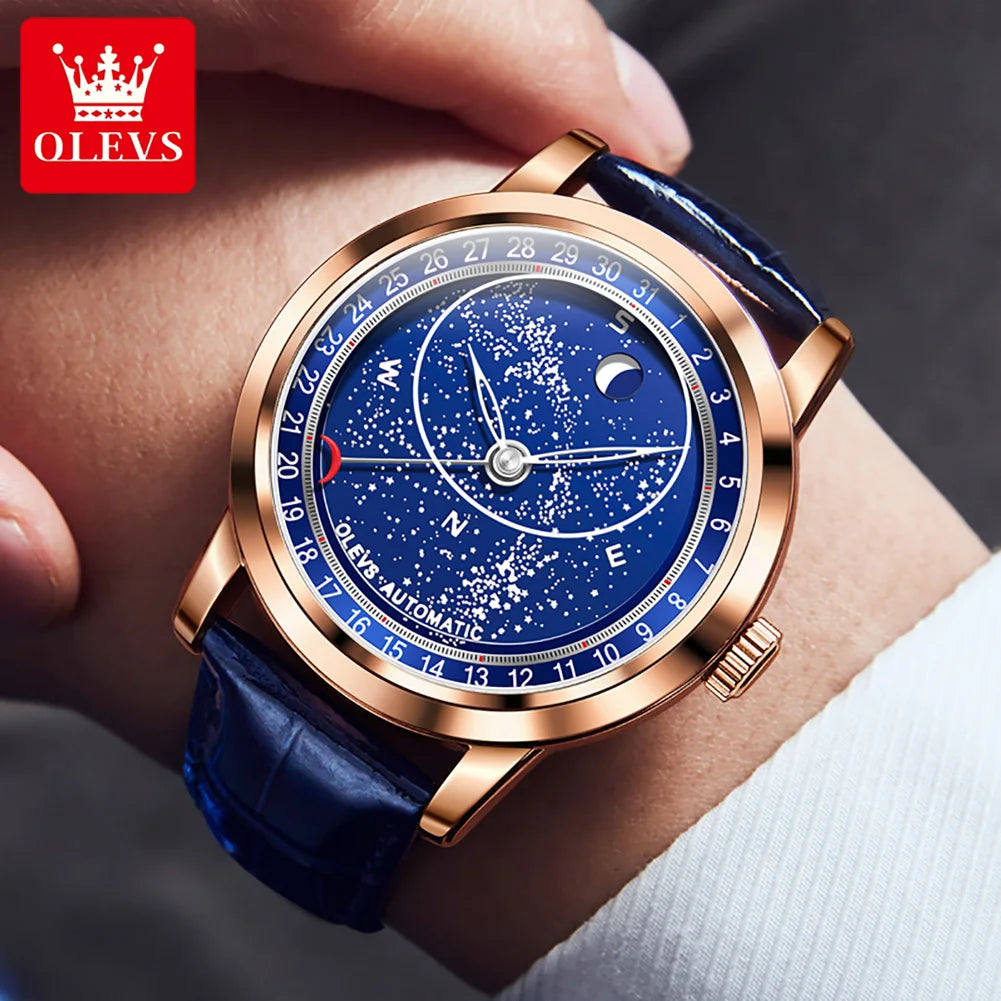 OLEVS herren Uhren Mondphase Automatische Mechanische Uhr für Mann Blau Leder Luxus Kleid Wasserdicht Leucht Armbanduhr