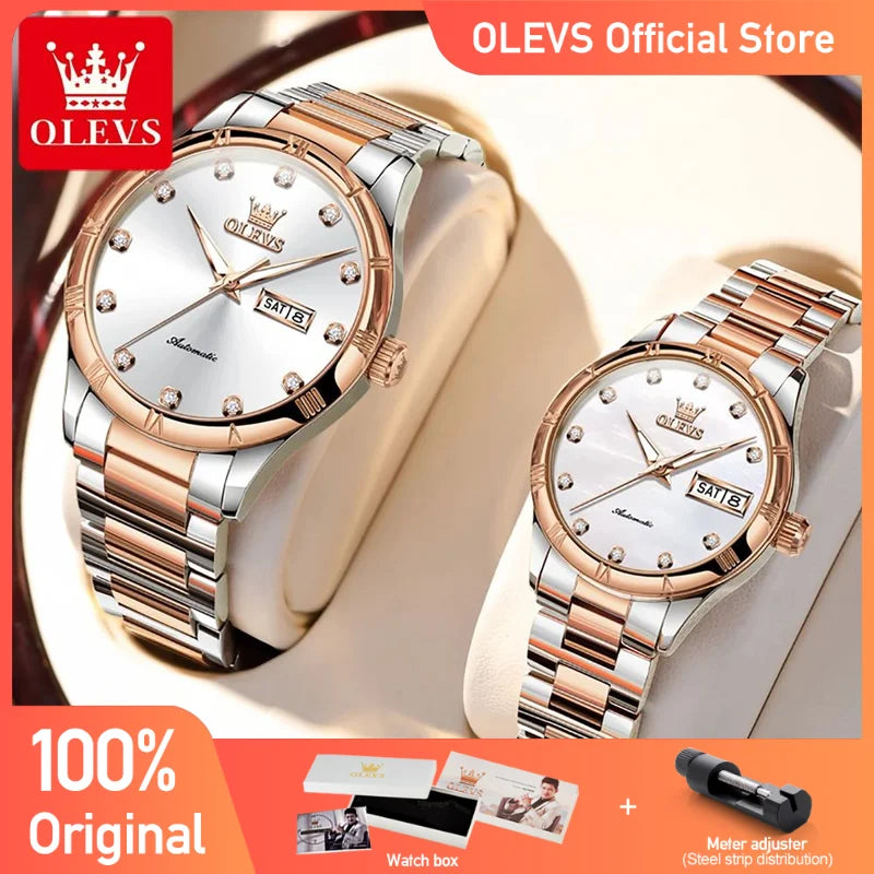 Olevs 7030 Paar Uhren Luxus Mode Original Armbanduhr Zirkon Skala Kalender Anzeige wasserdichte leuchtende Automatik uhr