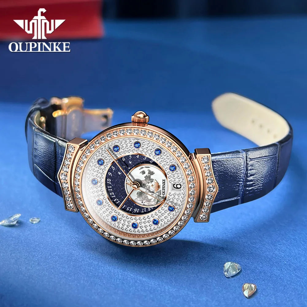 Oupinke 3218 importierte Schweizer Quarz werk Uhr für Frauen Sternen himmel voll Diamant Echt leder armband Luxus Damen Armbanduhr