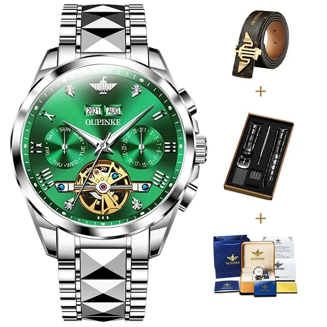 Oupinke hochwertige Luxus Skelett Schwungrad Automatik uhr für Männer 5bar wasserdichte Dual Kalender Marke Herren Armbanduhr