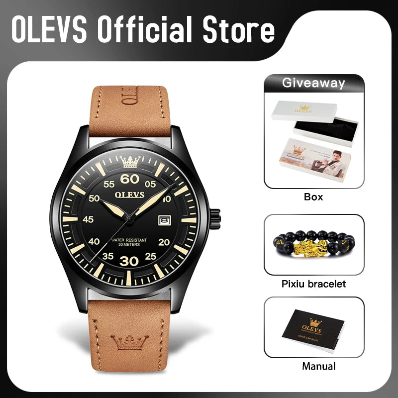 OLEVS 9962 Herrenuhren, Original-Quarz-Armbanduhr, wasserdicht, leuchtendes Lederarmband, automatisches Datum mit Box, Uhr für Herren