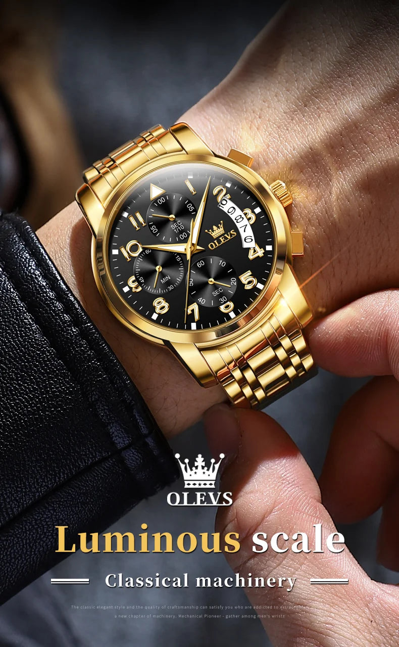 OLEVS Luxus männer Uhren Original Gold Chronograph Armbanduhr Wasserdichte Edelstahl Leucht Quarzuhr für Mann Sozialen