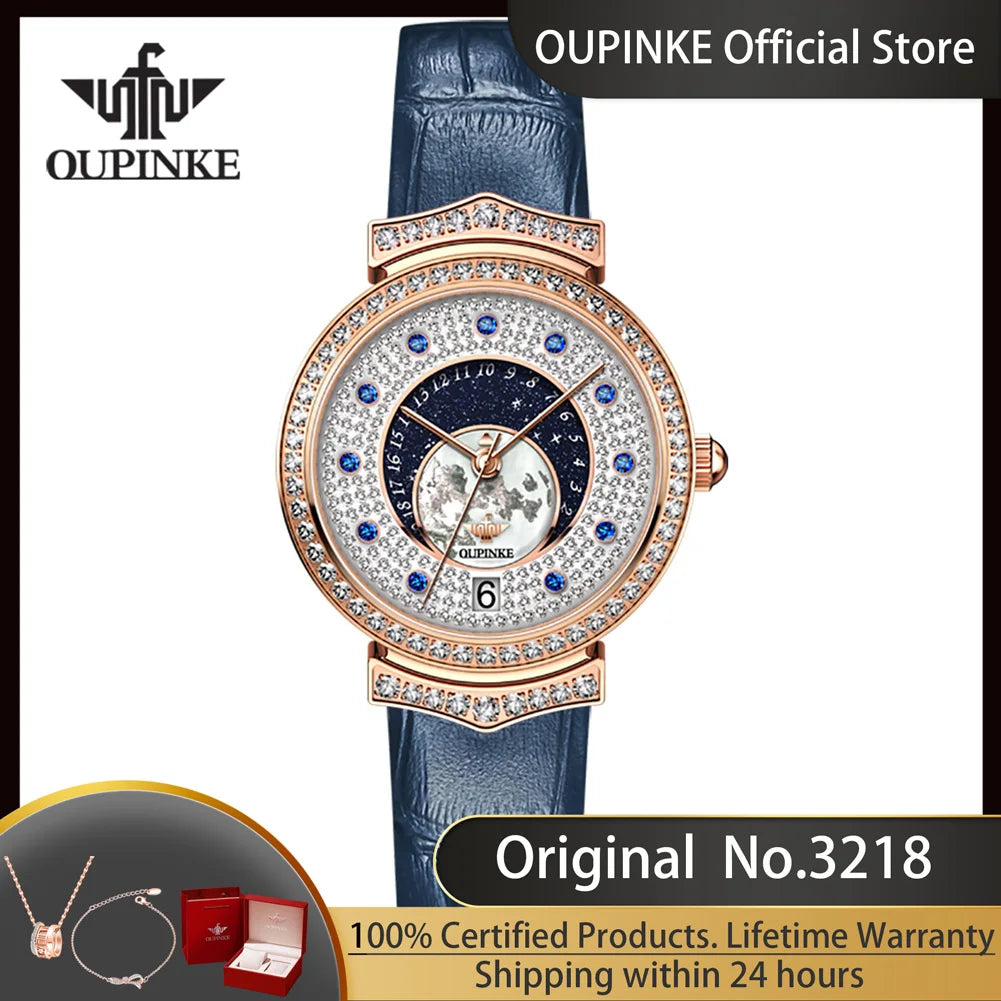 Oupinke 3218 importierte Schweizer Quarz werk Uhr für Frauen Sternen himmel voll Diamant Echt leder armband Luxus Damen Armbanduhr