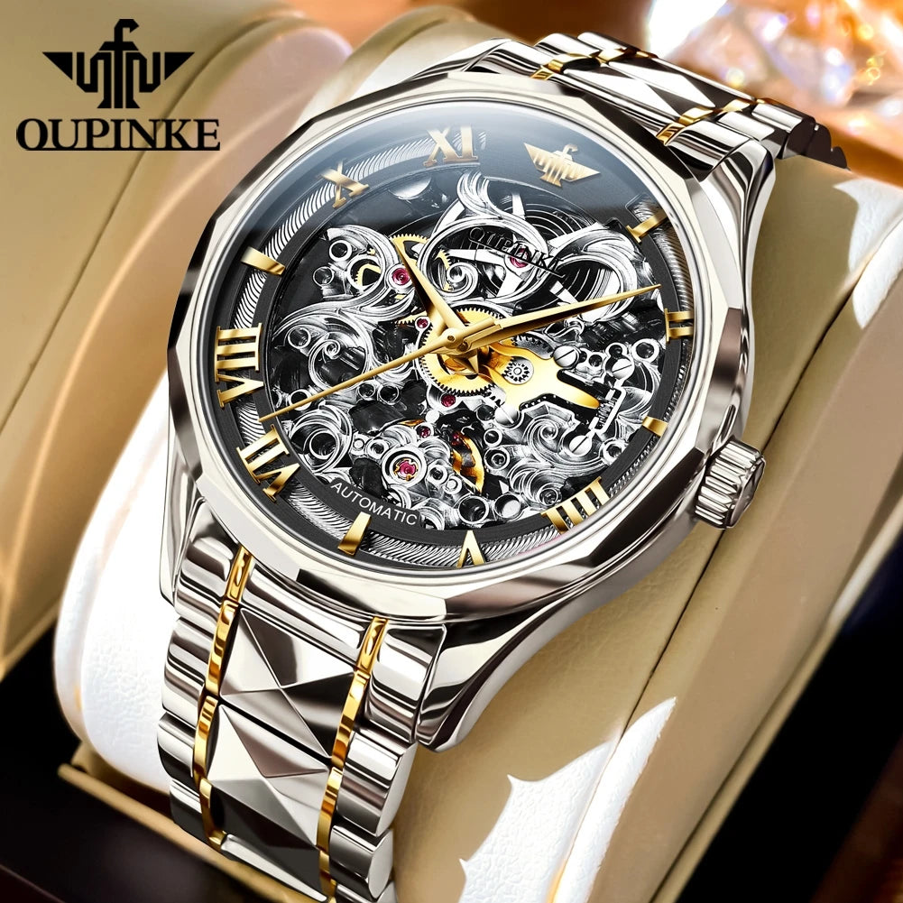 Oupinke 3168 Luxus automatische Herren uhren Skelett hohle mechanische Armbanduhr Wolfram Stahl armband wasserdichte Uhr für Herren