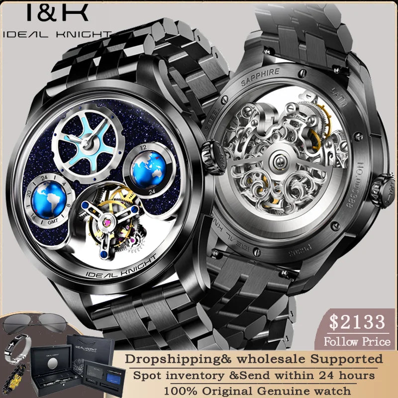 IDEAL KNIGHT 6808, Luxusmarke, Tourbillon, vollständig hohl, automatische mechanische Herrenuhr (blauer Boden), hochwertige Uhr für Herren