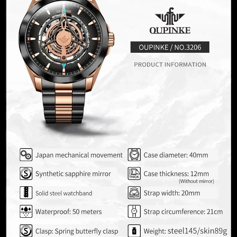 Oupinke 3206 Herren uhr Top Luxus 3D Himmel Auge Skelett Saphir Spiegel Herren automatische mechanische Uhr Marke wasserdichte Uhr