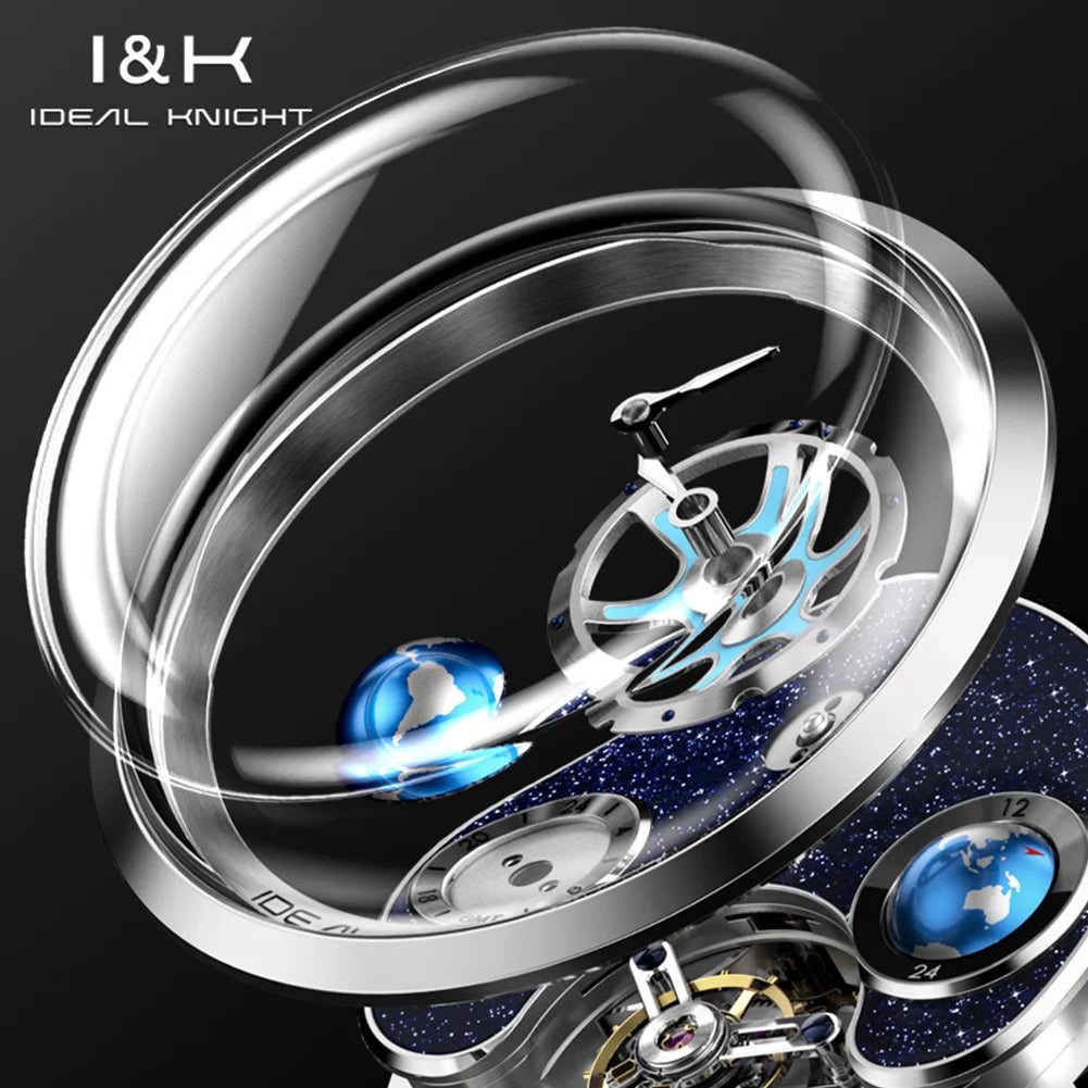 IDEAL KNIGHT Top-Marke Luxruy Herrenuhr Advanced Tourbillon Automatische mechanische Uhr Wasserdicht Leuchtende Dual-Region-Zeit