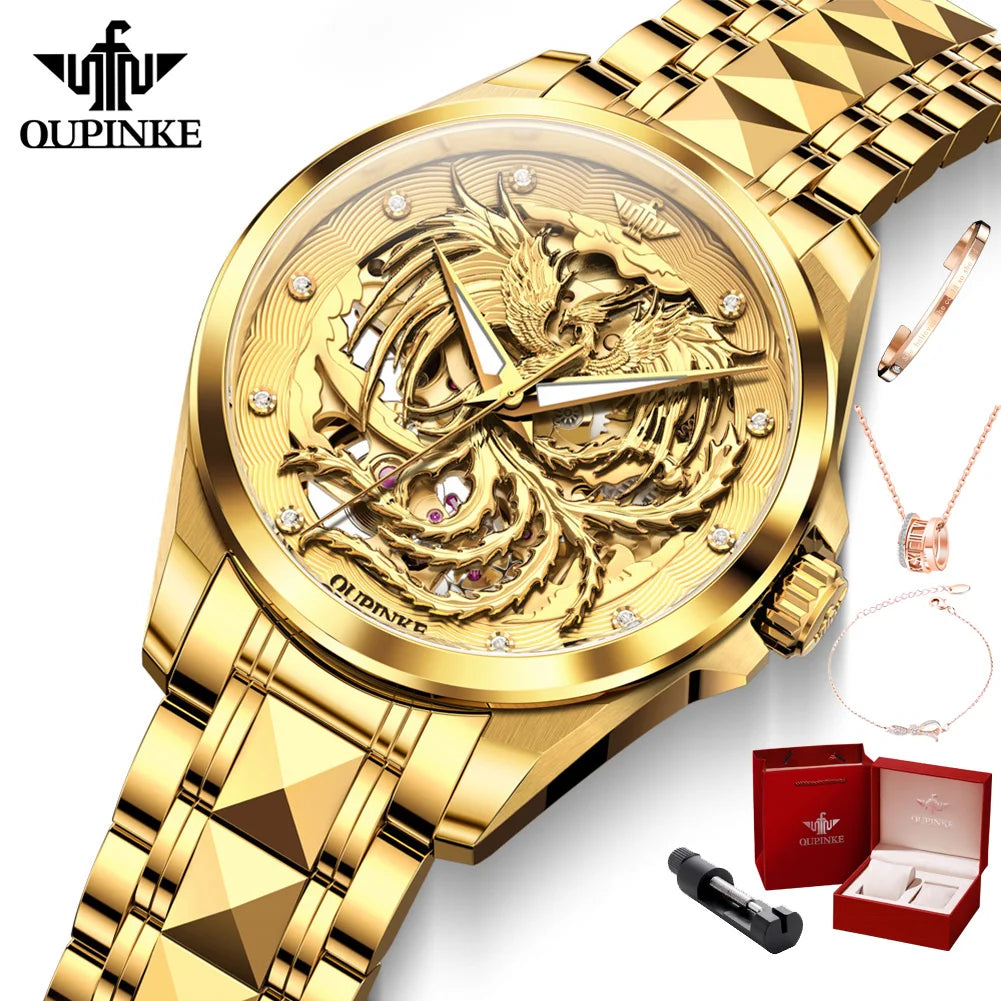 Oupinke 3276 Uhren Frauen importieren Automatik werk mechanische Armbanduhren goldene hohle Phoenix Damen uhren