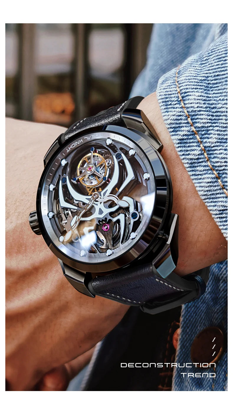 Ideale Ritter Tourbillon Uhren für Männer High-End-Luxusmarke Skelett Schwungrad voll automatische mechanische Herren Armbanduhr