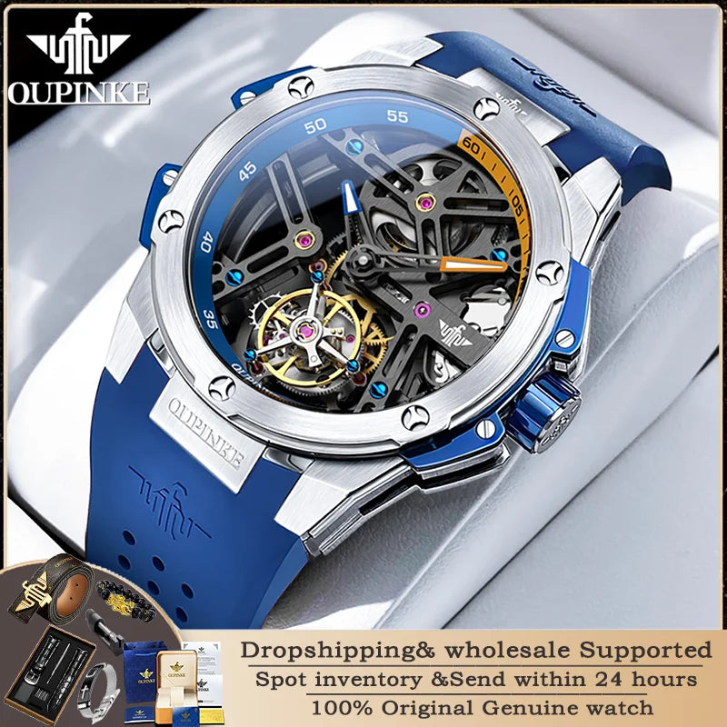 OUPINKE 8003 Fully Automatic Mechanical Tourbillon Men's Watch Business Sapphire Mirror Silicone Strap Men's Luxury Brand Watch