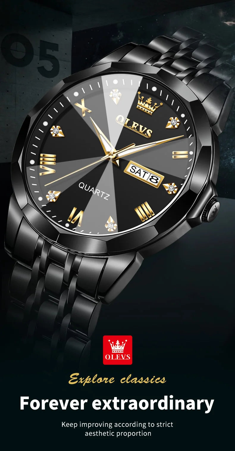 Olevs 9931 Quarzuhr für Männer Raute Spiegel Edelstahl wasserdicht Auto Datum Woche Uhr Einfachheit Luxus Herren Armbanduhr