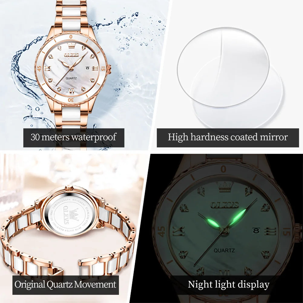 OLEVS Damenuhren, elegante Mode, Keramik, Quarz, Wirtwatch für Damen, Diamant-Skala, Datumsanzeige, wasserdicht, leuchtend