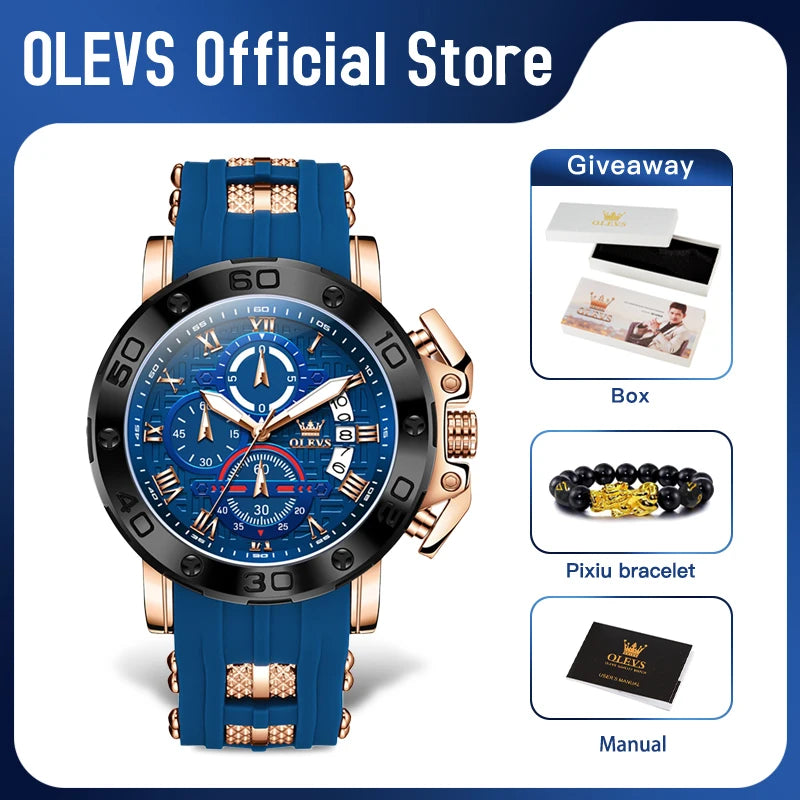 OLEVS 9986 Herrenuhr, neue Original-modische Quarzuhr, Silikonarmband, wasserdicht, leuchtend, multifunktionaler Chronograph