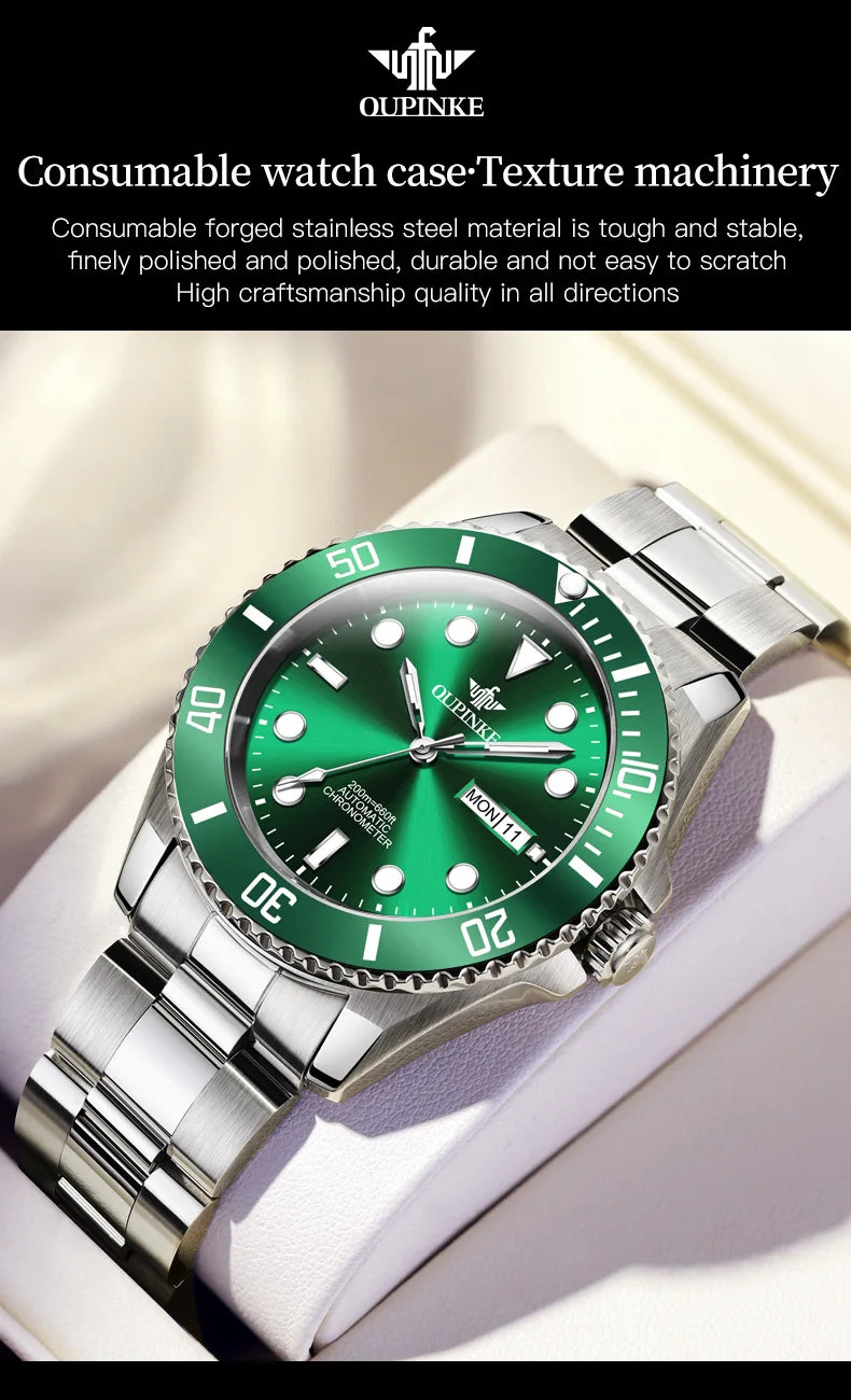 OUPINKE 3205 Diving Series Men Fully Automatic Movement Watch Classic Green Water Ghost Double Calendar Top Men Mechanical Watch