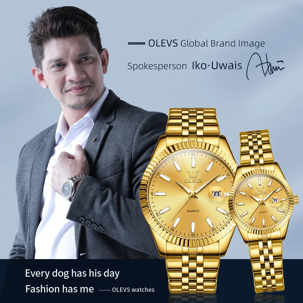 Olevs Paar Uhr Gold Edelstahl Armband Quarz Uhr sein und ihr Kalender romantischer Liebhaber Original Luxus männlich und weiblich