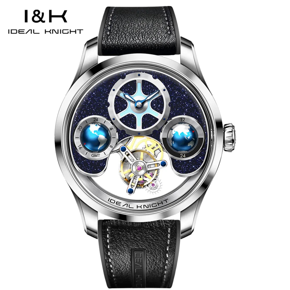 Ideal Knight 6805 Tourbillon Watch for Men 3D Rotating Blue Earth Design 12 Hours Tray Skeleton Waterproof Men's Wristwatches