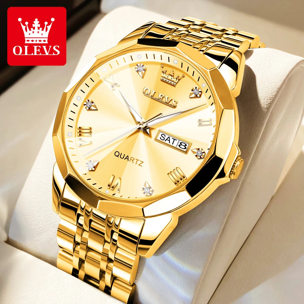 OLEVS Herrenuhren Gold Original Quarz-Armbanduhr Wasserdicht Leuchtende Uhr für Männer Rhombus Mirror Date Week Luxuskleid