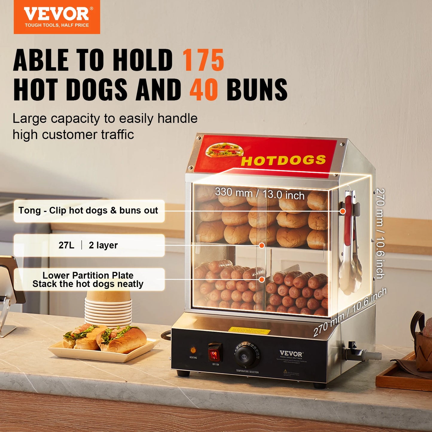 VEVOR Hot Dog Dampfgarer, 27L, 2-stufiger Hot Dog Hütten-Dampfgarer, 30℃~85℃ Temperaturregelung, elektrischer Brötchenwärmer mit Schiebetüren aus gehärtetem Glas, Trennplattenzange, Edelstahl, für Hot Dogs & Brötch