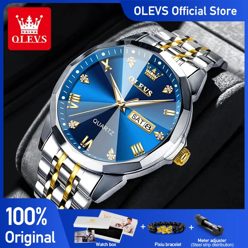 OLEVS Herrenuhren Rhombus Mirror Original Quarzuhr für Mann Wasserdicht Leuchtende Edelstahl-Armbanduhr Männlich Datum Woche