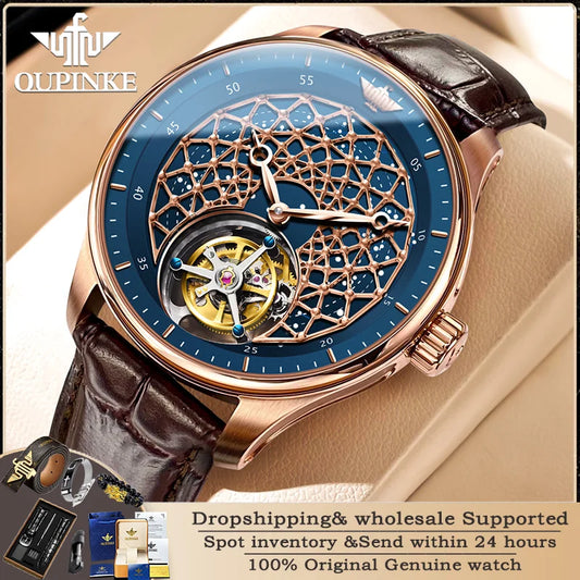 OUPINKE 8002 Tourbillon Movement Men Watch Leather Band Swiss Sapphire Mirror Waterproof Skeleton Automatic Mechanical Men Watch