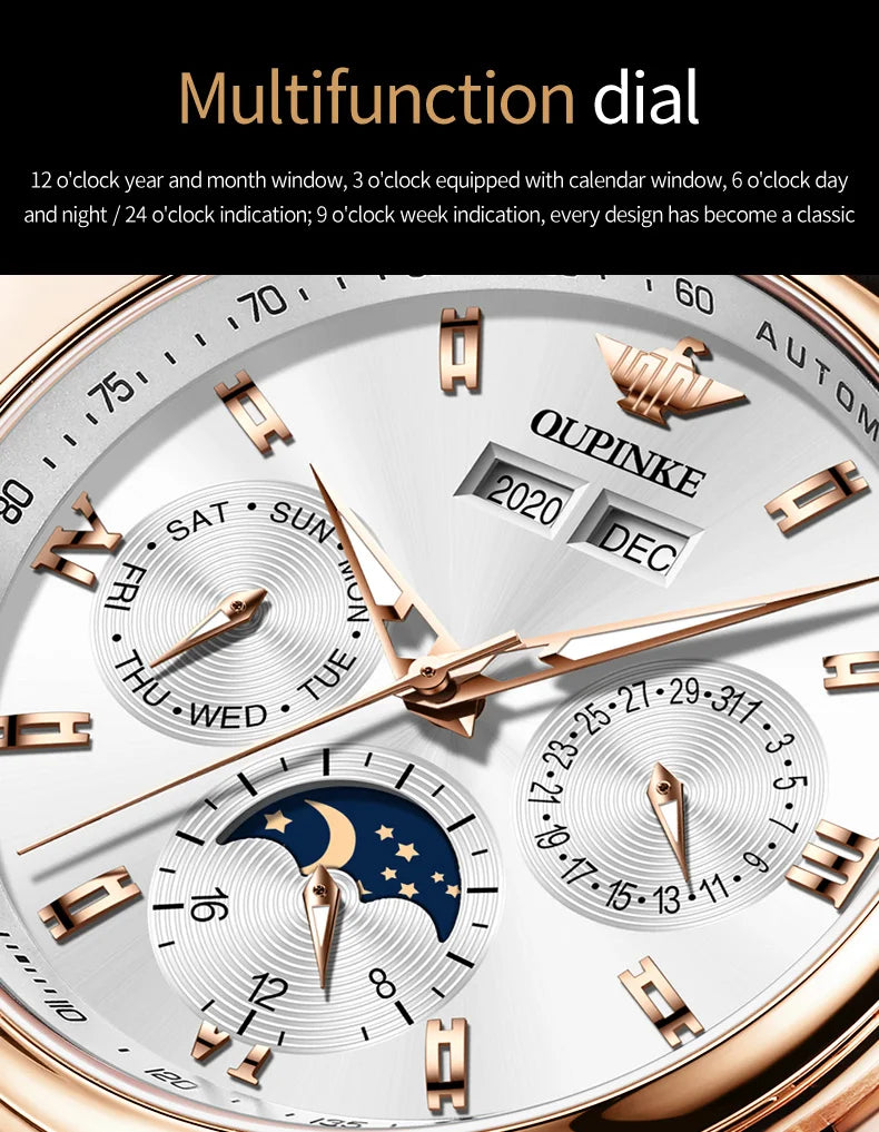 OUPINKE 3189 Herrenuhr Top Luxusmarke Automatische mechanische Uhr Mode Leder Wasserdicht Saphirspiegel Mond Herrenuhr