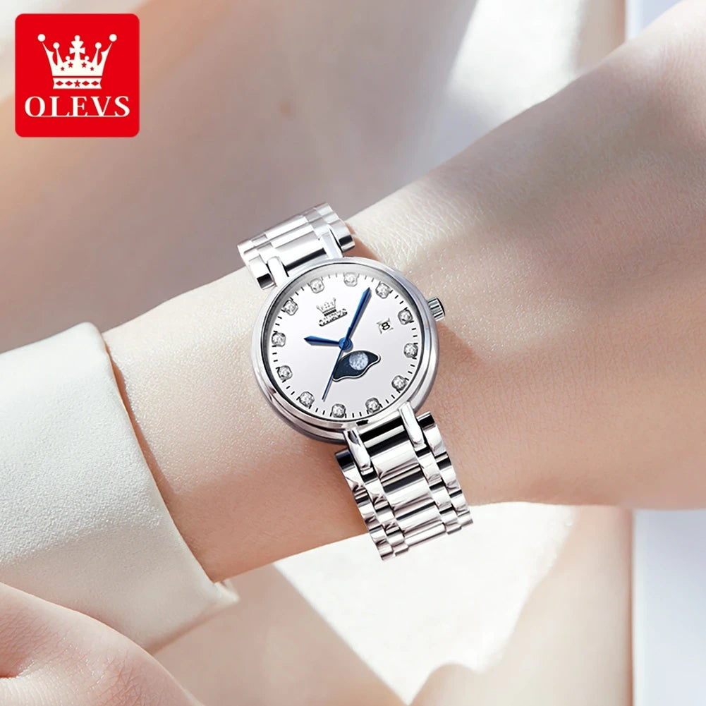 Olevs Damen uhren Minimalismus Mode Original Mädchen Armbanduhr wasserdicht Edelstahl Kalender Mond Pash Armband Set