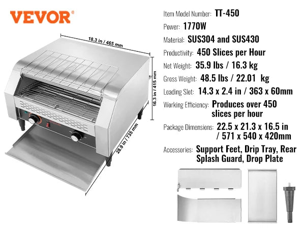 VEVOR Durchlauf-Toaster 1300 W Förderbandtoaster, Kettentoaster, Drei Multifunktionale Betriebsarten 150 Scheiben pro Stunde, Silber Kommerzieller Toaster Förderband Edelstal Restaurants, Bäckereien