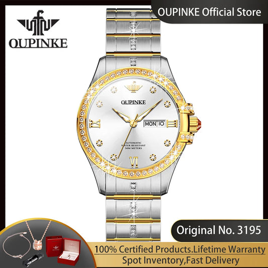 OUPINKE 3195 Diamantuhr für Damen, Edelstahlarmband, Luxusmarke, Originalimport, automatisches Uhrwerk, mechanische Armbanduhr