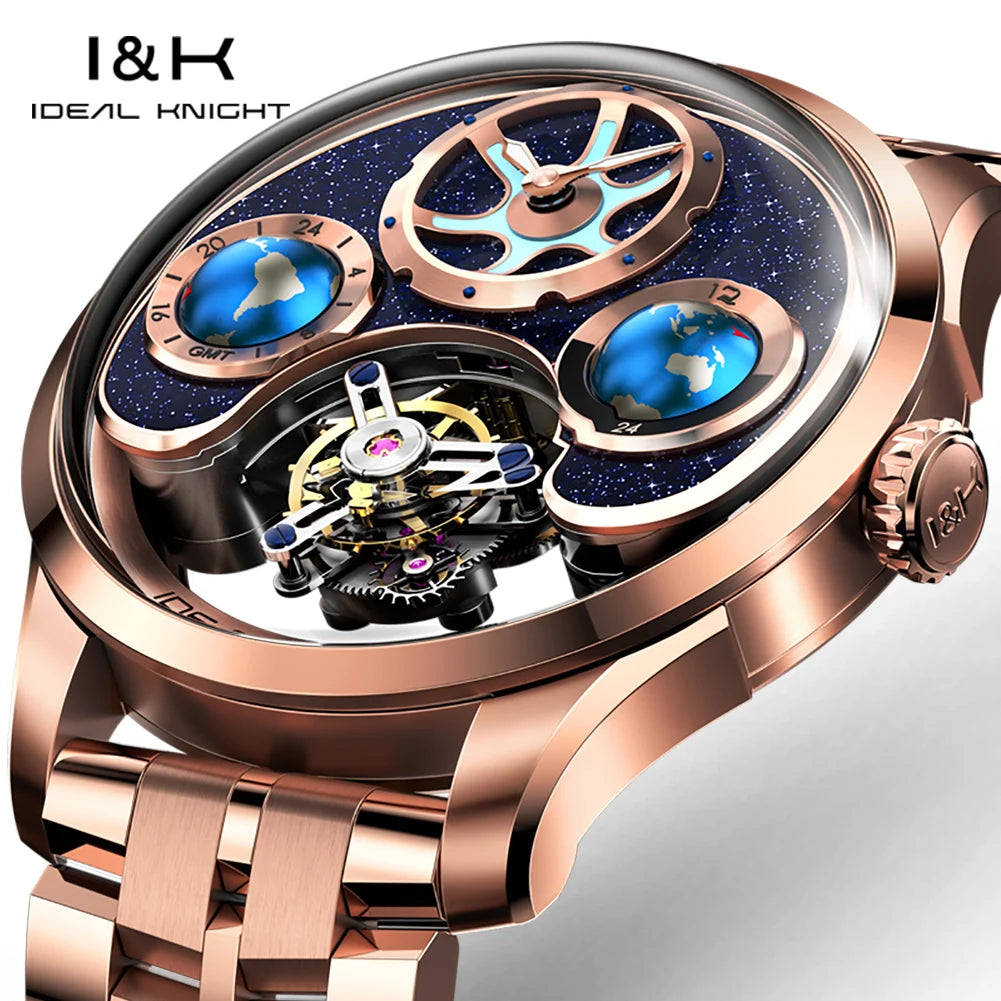 Ideale Ritter 6805 Tourbillon Uhr für Männer Blue Earth Serie Skelett automatische Herren mechanische Uhr leuchtende wasserdichte Uhr