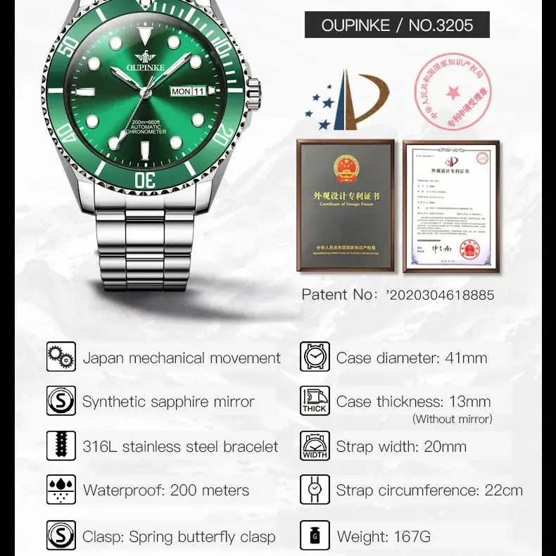 OUPINKE 3205 Diving Series Men Fully Automatic Movement Watch Classic Green Water Ghost Double Calendar Top Men Mechanical Watch