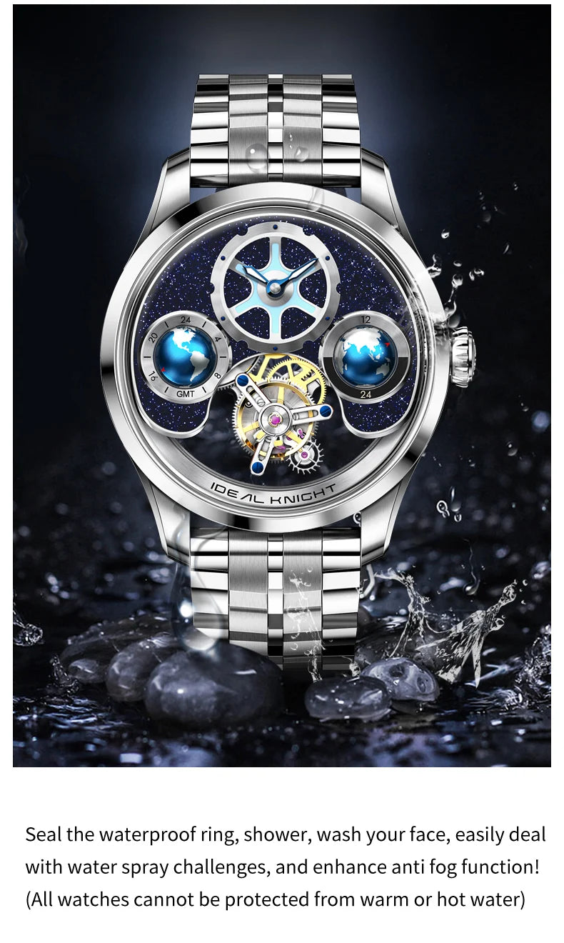 IDEAL KNIGHT 6808 Hollow Tourbillon Watch Luxury Brand Men Watch Fashion Business Waterproof Luminous Blue Earth Design Watch ﻿