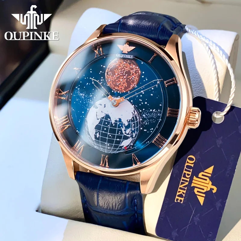 OUPINKE 3230 Men's Fully Automatic Mechanical Watch High Quality CITIZEN Movement Watch 3D Earth Starry Sky Business Men's Watch