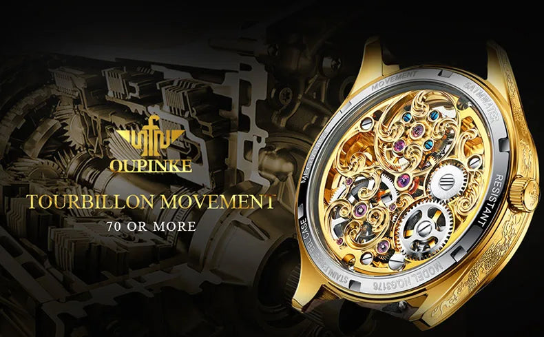 OUPINKE Top Marke Luxus Männer Mechanische Automatische Uhren Automatische Bewegung Wasserdicht Saphir Spiegel Tourbillon Skeleton