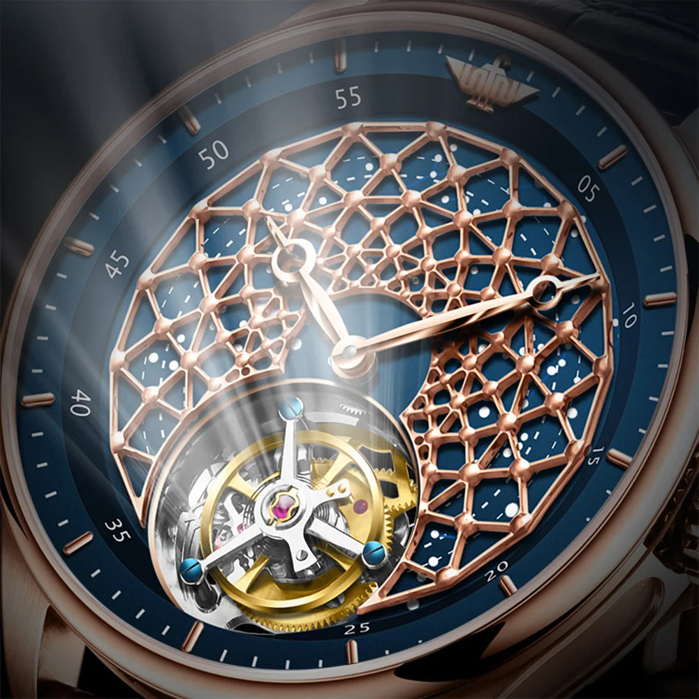 OUPINKE 8002 Tourbillon Movement Men Watch Leather Band Swiss Sapphire Mirror Waterproof Skeleton Automatic Mechanical Men Watch